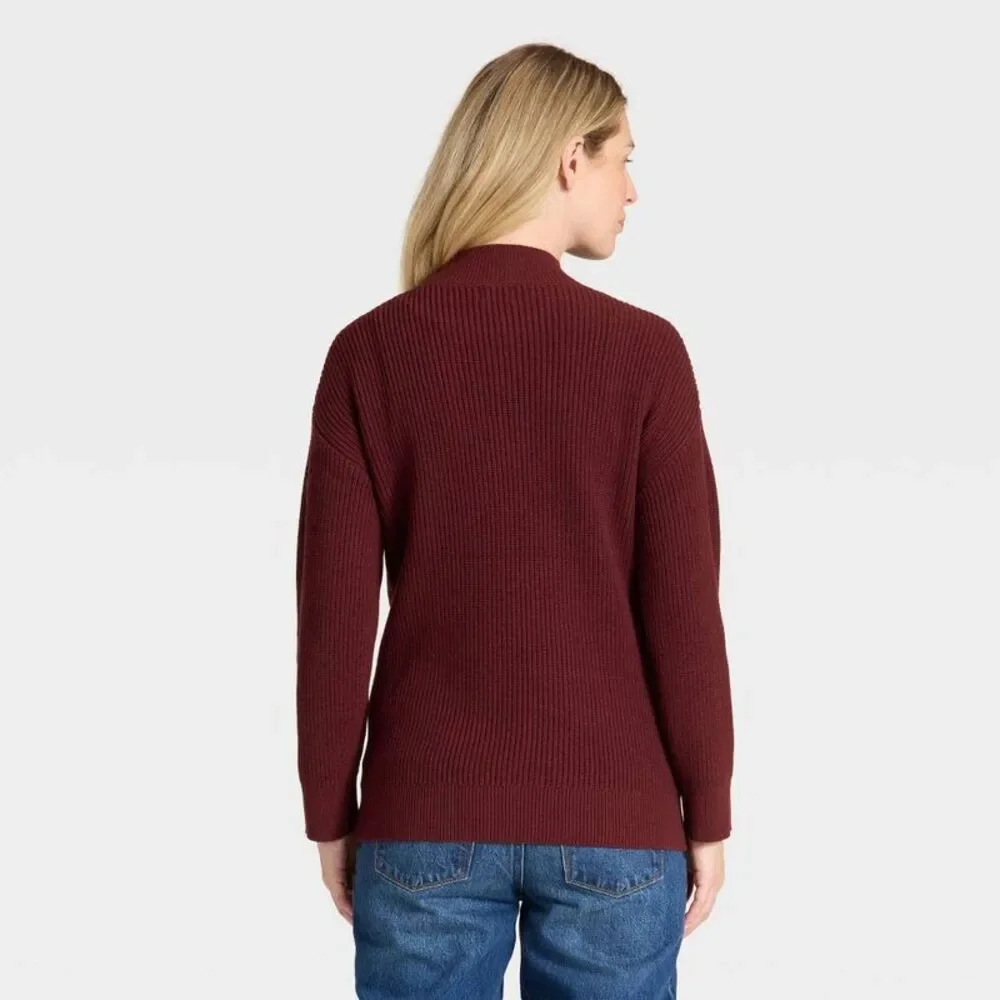 Mock Turtleneck Tunic Maternity Pullover Sweater - Red